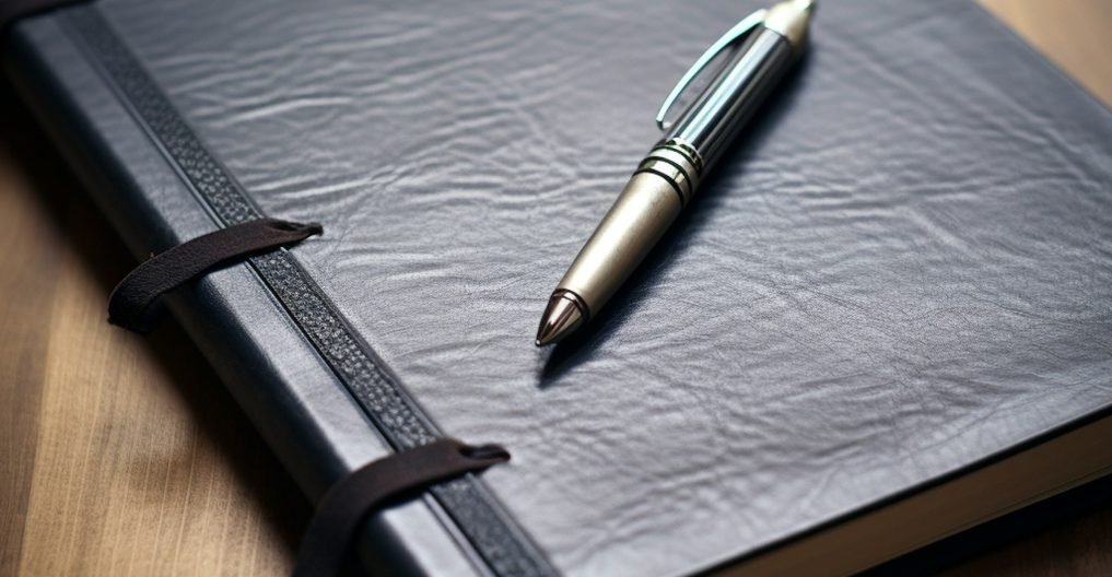 Black Leather Notebook with Metallic Pen on Wooden Surface